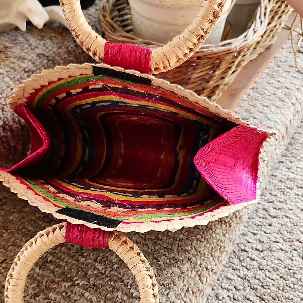 Hand-Painted Rainbow Palm Straw Bag: Half Circle Beach Tote - Picture 3 of 7
